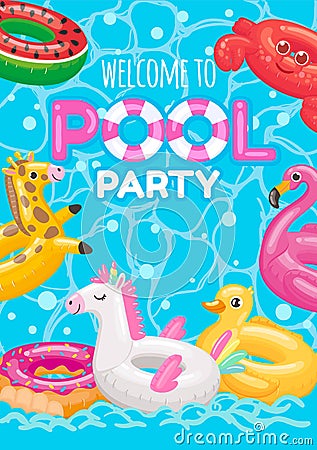 Welcome to pool party with inflatable rings toys Vector Illustration