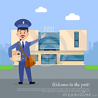 Welcome to Post Banner. Postman Pointing on Office Vector Illustration