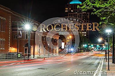Welcome to Rochester Sign at Night Editorial Stock Photo