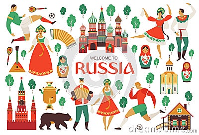 Welcome to Russia. Russian sights and folk art. Football championship in 2018. Flat design Vector illustration. Vector Illustration