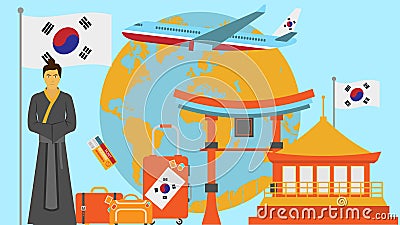 Welcome to South Korea postcard. Travel and safari concept of Asia world map vector illustration with national flag Cartoon Illustration