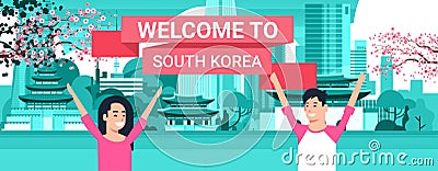 Welcome To South Korea Poster Korean Couple Over Seoul City Background With Skyscrapers And Landmarks Vector Illustration