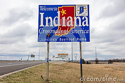 Welcome to the State of Indiana - Roadsign along Interstate 70 towards St. Louis, MO. Editorial Stock Photo
