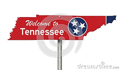 Welcome to the state of Tennessee road sign in the shape of the state map with the flag Stock Photo