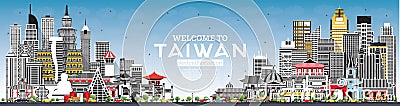 Welcome to Taiwan City Skyline with Gray Buildings and Blue Sky Stock Photo