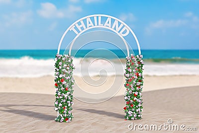 Welcome to Thailand Concept. Beautiful Decor Arc, Gate or Portal with Flowers and Thailand Sign on an Ocean Deserted Coast. 3d Stock Photo