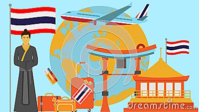 Welcome to Thailand postcard. Travel and safari concept of Asia world map vector illustration with national flag Cartoon Illustration