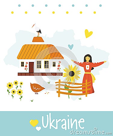 Welcome to Ukraine greeting card with cute girl Vector Illustration