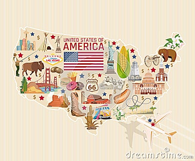Welcome to USA detailed card. United States of America poster with statue of liberty Vector Illustration