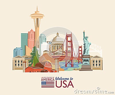 Welcome to USA. United States of America poster with american sightseeings. Vector illustration about travel Vector Illustration