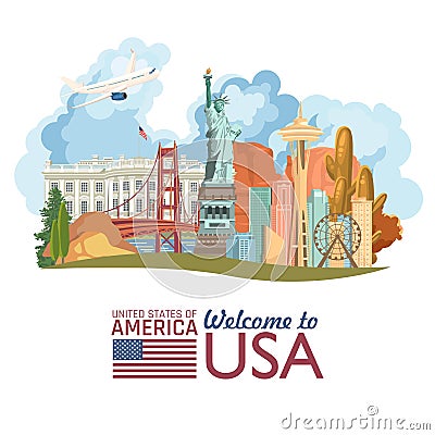 Welcome to USA. United States of America poster with statue of liberty and US flag. Vector illustration about travel Vector Illustration