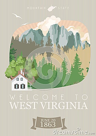 Welcome to West Virginia travel postcard. Mountain state. USA colorful poster with map Vector Illustration