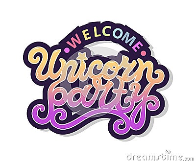 Welcome Unicorn Party text as logotype, badge, patch, icon Stock Photo