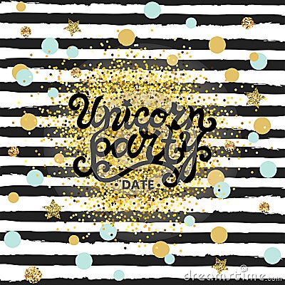 Welcome Unicorn Party text isolated on striped background. Stock Photo