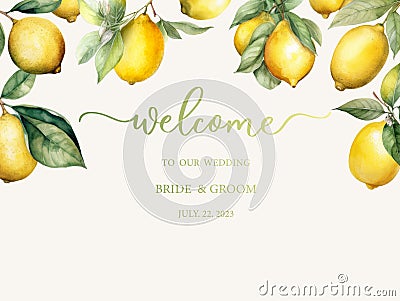 Welcome wedding sign. Calligraphy with watercolor lemons. Abstract floral art background vector design for wedding Stock Photo