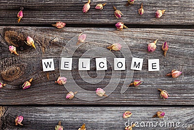 Welcome word is made of bright wood cubes on a dark wooden background Stock Photo