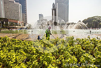 Welcoming Monument Tugu Selamat Datang in Hotel Indonesia runabout, a famous landmark of Jakarta City , Indonesia. Editorial Stock Photo