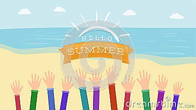 Welcoming summertime flat vector banner. Raised hands with greeting warm season gesture. Hello summer inscription on Vector Illustration