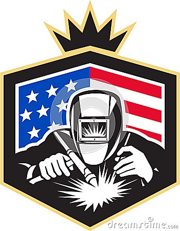 Welder Arc Welding USA Flag Crest Retro Vector Illustration