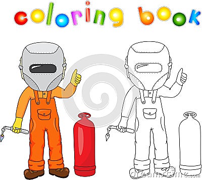 Welder in boilersuit and protective mask with a gas burner and g Vector Illustration