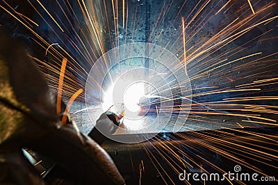 Welder, craftsman, erecting technical steel Industrial steel welder in factory technical Stock Photo