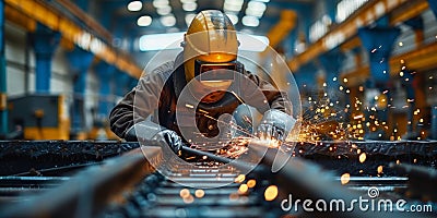 Welder erecting technical steel. Industrial steel welder in factory technical Stock Photo