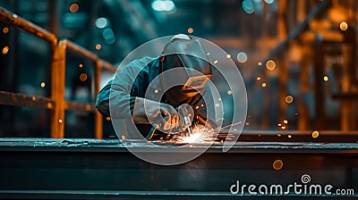 Welder man does metal welding in production with an industrial welding machine, sparks Stock Photo