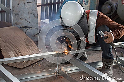 The welder in the operate,Employee welding U-steel using welder machine Editorial Stock Photo