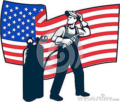 Welder Standing Visor Up USA Flag Wavy Retro Vector Illustration