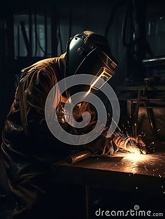 Welder welding metal, high detail, cinematic lighting, widescreen, dark background with copper colored splashes and metal springs Stock Photo