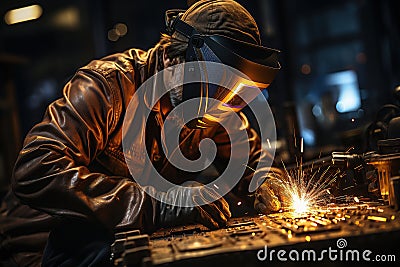 Welder welding metal using his welding mask, protective apron, protective gloves, safety shoes, ultra realisitc, Stock Photo