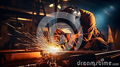 The welder is welding the various parts of the house. Stock Photo