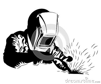 Welder welds metal. Black and white illustration of a welder in work clothes. Linear art. Silhouette of a welder. Vector Vector Illustration