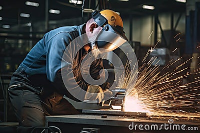 Welder at Work, Welding of Metal Parts at Industrial Plant, Generative AI Illustration Stock Photo