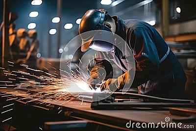 Welder at Work, Welding of Metal Parts at Industrial Plant, Generative AI Illustration Stock Photo