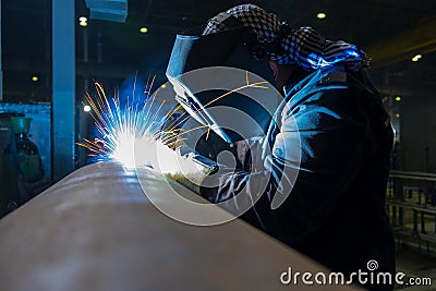 Pipe welding. Semi-automatic arc welding. MIG welding. Stock Photo