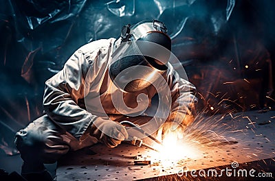 Welder workman laser welding metal. Generate ai Stock Photo