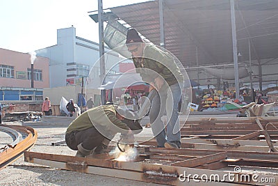 Welders in the osh bazaar in bishkek Editorial Stock Photo