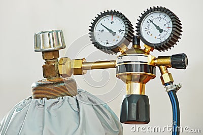 Welding acetylene gas cylinder tank with gauge Stock Photo