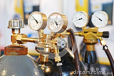 Welding acetylene gas cylinder tank with gauge Stock Photo