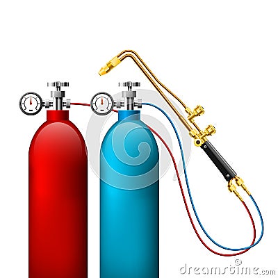Welding gas bottles and oxy acetylene cutting torch - gas tank and burner Vector Illustration