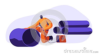 Welding Man Steel Piping in Industrial Automotive Factory. Metal Industry Worker in Protection Mask and Uniform Welding Steel Vector Illustration