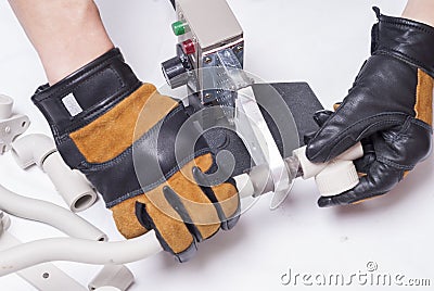 Welding of polypropylene pipes Stock Photo