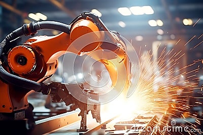 Welding robot for welding various parts. Industrial concept of modern production process. Stock Photo