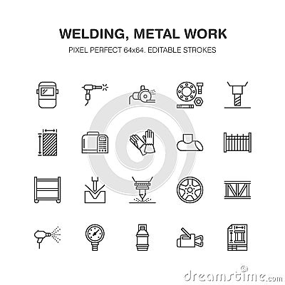 Welding services flat line icons. Rolled metal products, steelwork, stainless steel laser cutting, fabrication, safety Vector Illustration