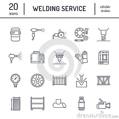 Welding services flat line icons. Rolled metal products, steelwork, stainless steel laser cutting, fabrication, turning Vector Illustration