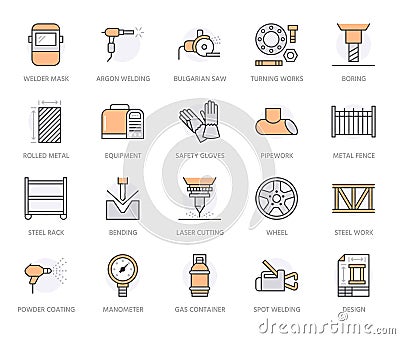 Welding services flat line icons. Rolled metal products, steelwork, stainless steel laser cutting, turning works, safety Stock Photo