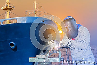 Welding ship repair Stock Photo