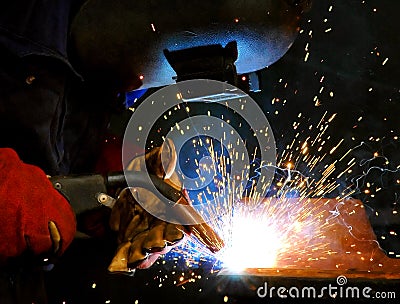 Welding steel and sparks Stock Photo