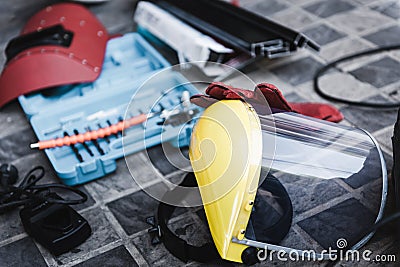 Welding Toolbox and Safety Equipment for Welder Occupation, Hardware Component and Safety Personal Tools. Close-Up of Industrial Stock Photo